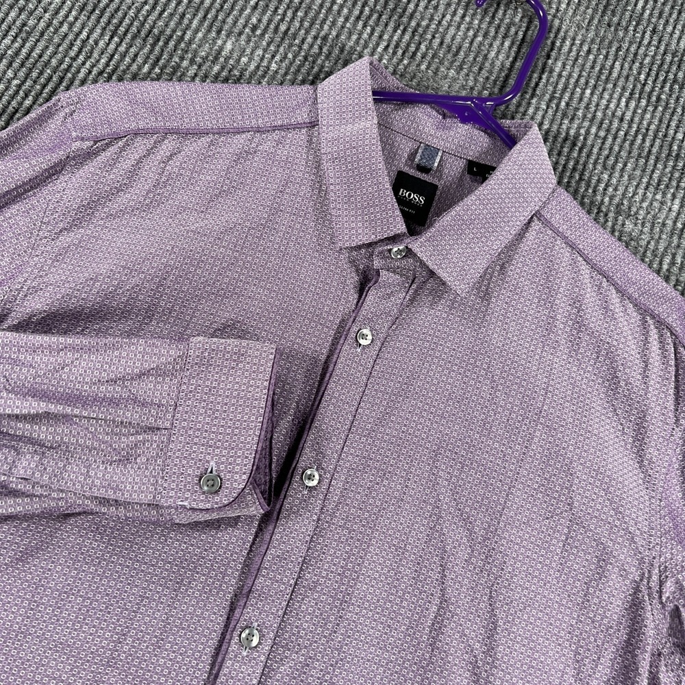 HUGO BOSS Shirt Mens Large Purple Geometric Long Sleeve Button Up Dress Casual